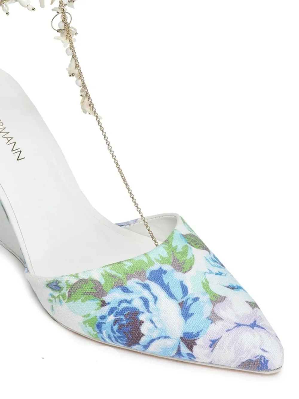 Zimmermann Floral Pointed Mules with Pearl Chain Ankle Straps - White/Blue/Green